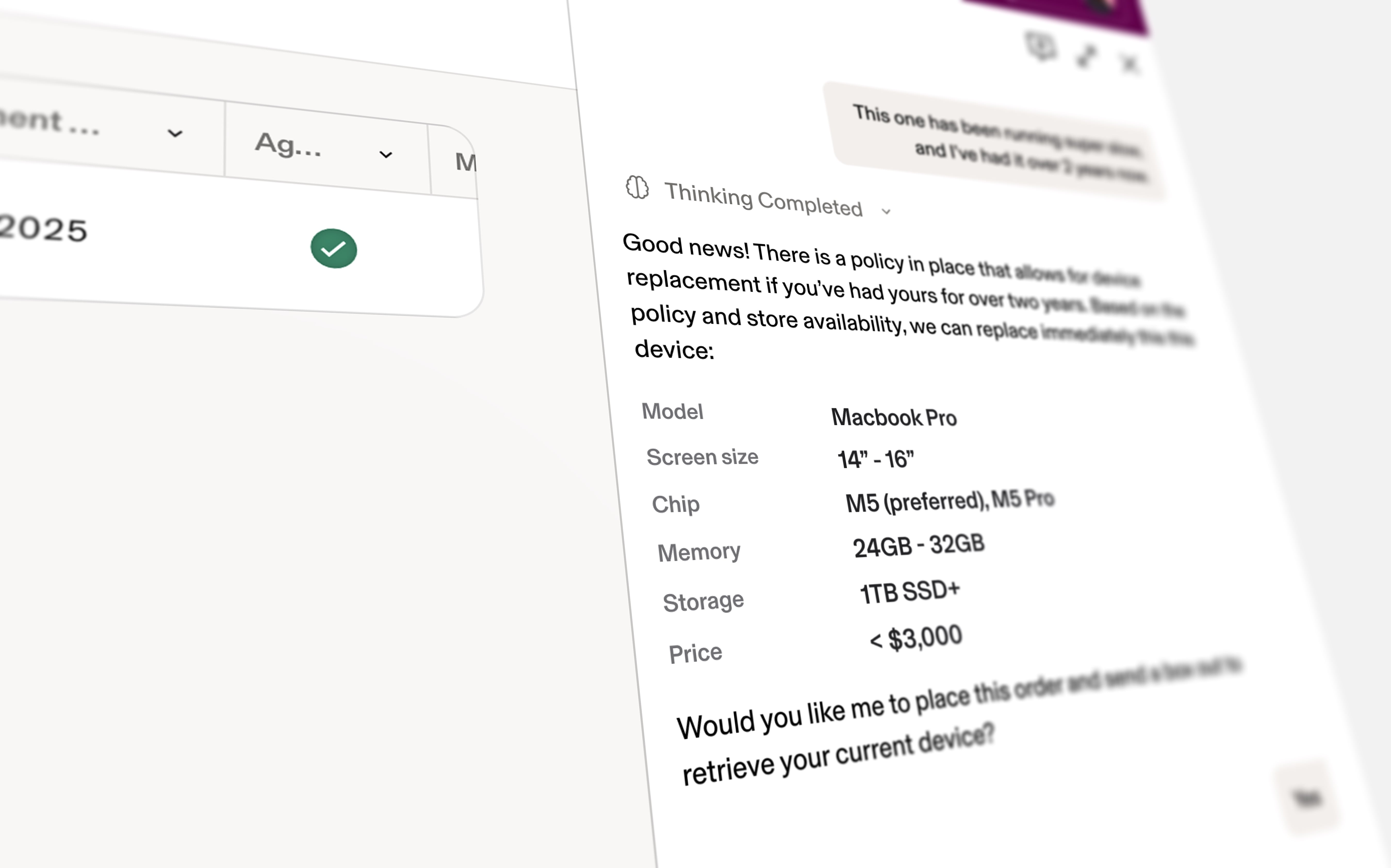 Tier 2 — Devices row beside Ask IT chat; Thinking completed with replacement policy and proposed MacBook Pro specs (screen, chip, memory, storage, price)