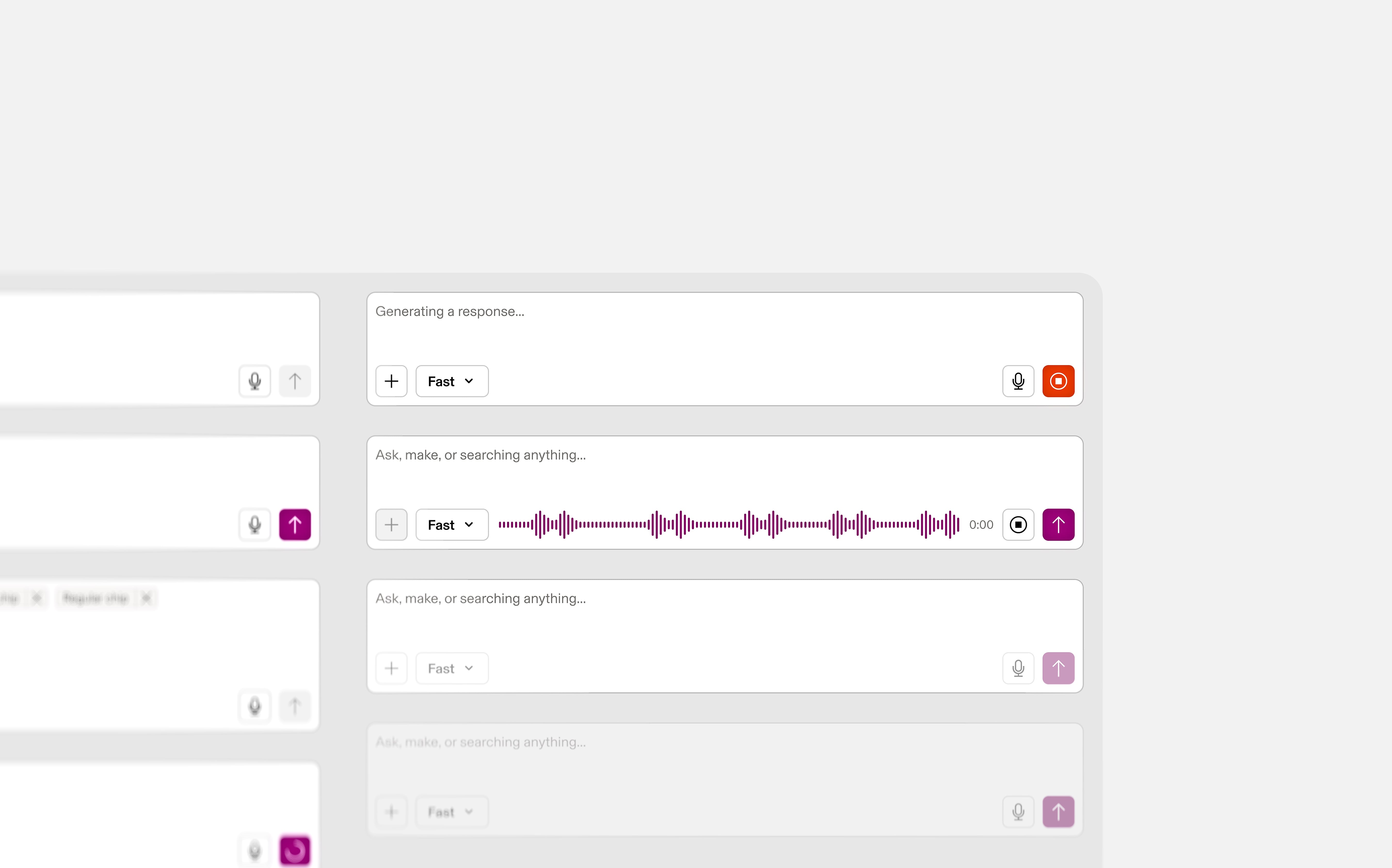 Composer states in one stack: generating a response with stop, voice capture with waveform and timer, idle Ask/Make/Search with Fast dropdown and softened send