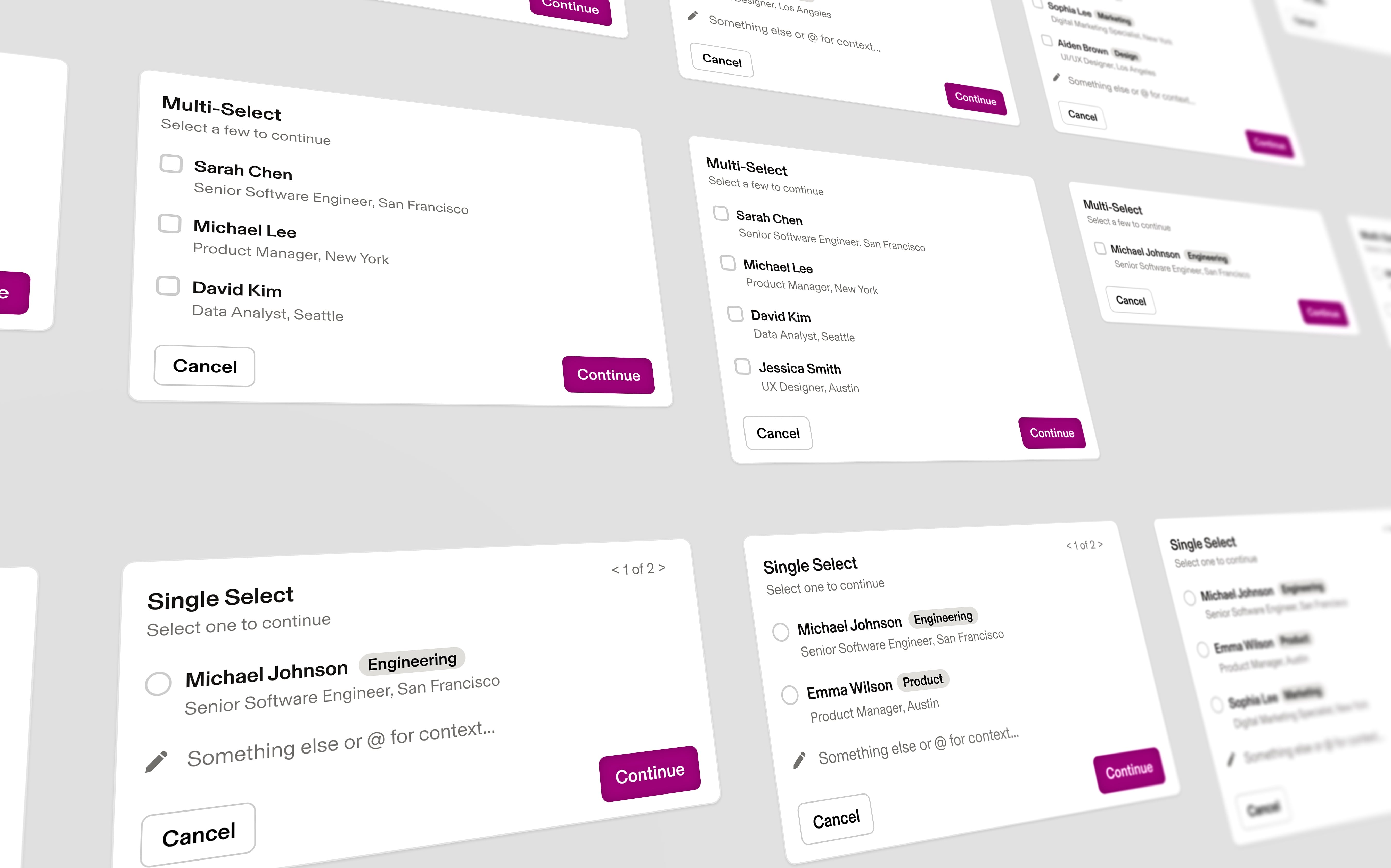 Tier 4 — Autonomous guardrails; perspective grid of Multi-Select and Single Select disambiguation cards with employee rows, Continue and Cancel, pagination, and “Something else or @ for context”