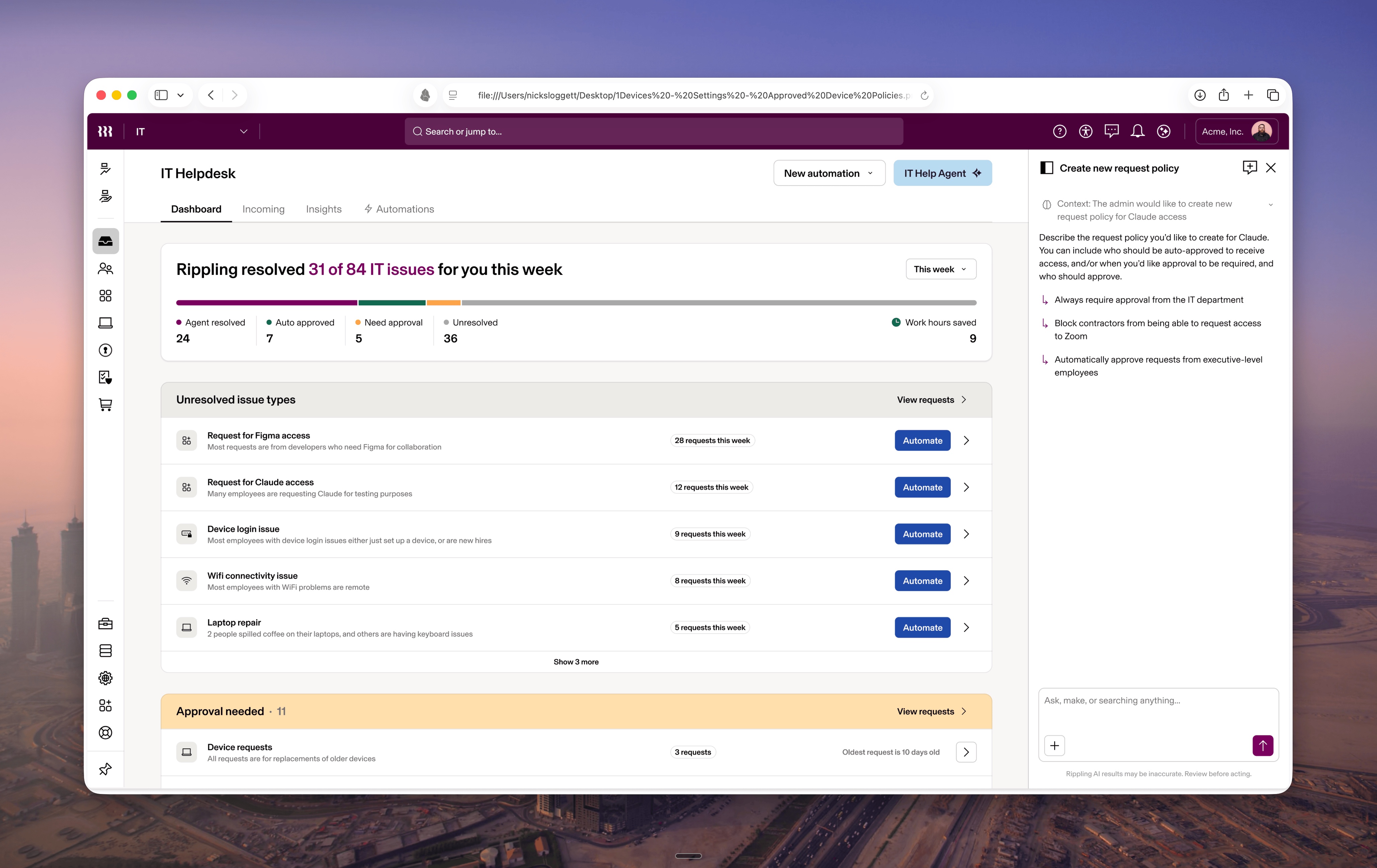 Rippling AI assistant panel surfacing reasoning steps over a scheduling grid