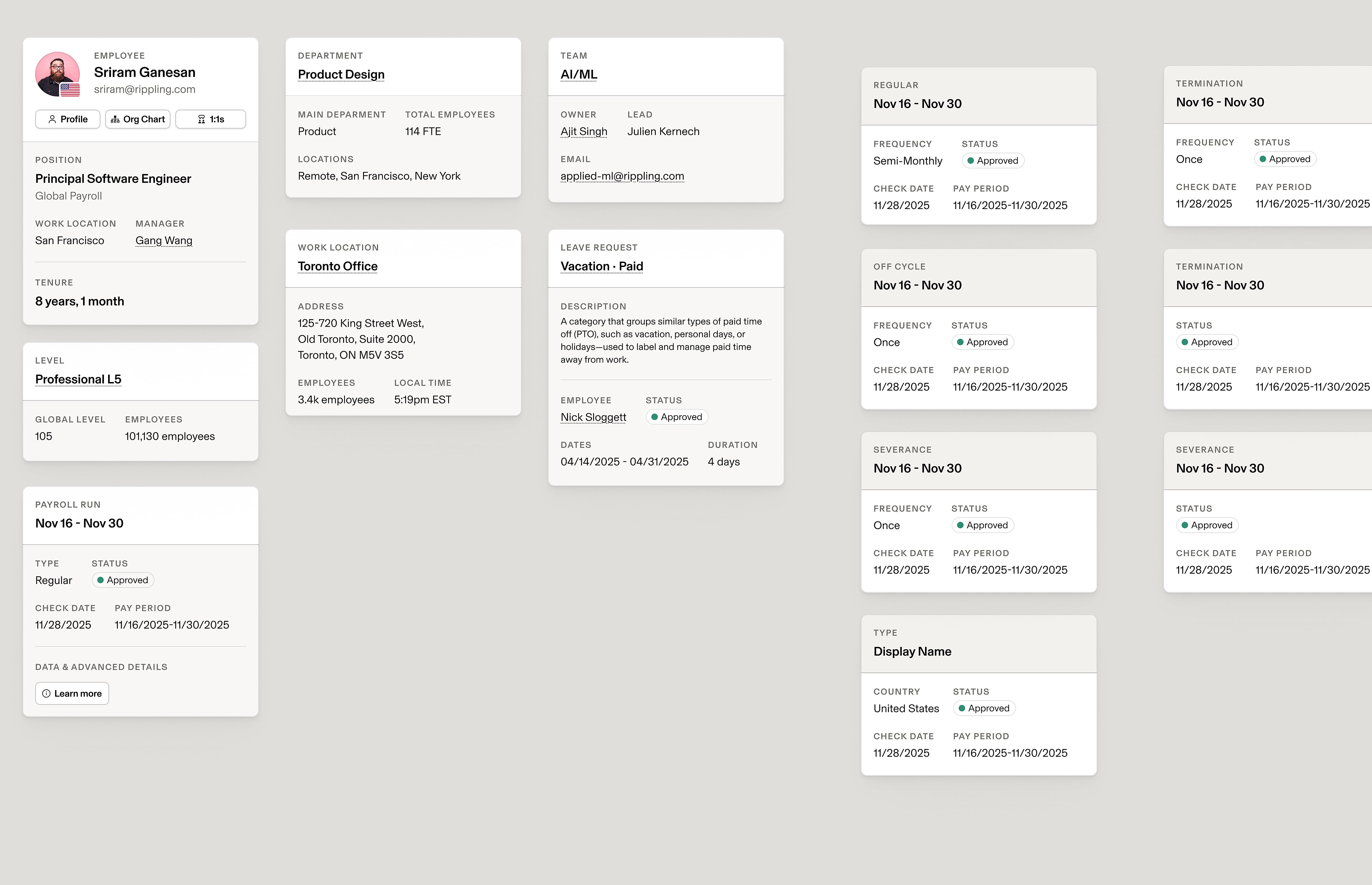 Modular Rippling surfaces — employee profile, department, payroll run, AI/ML team, Toronto office, paid leave approval