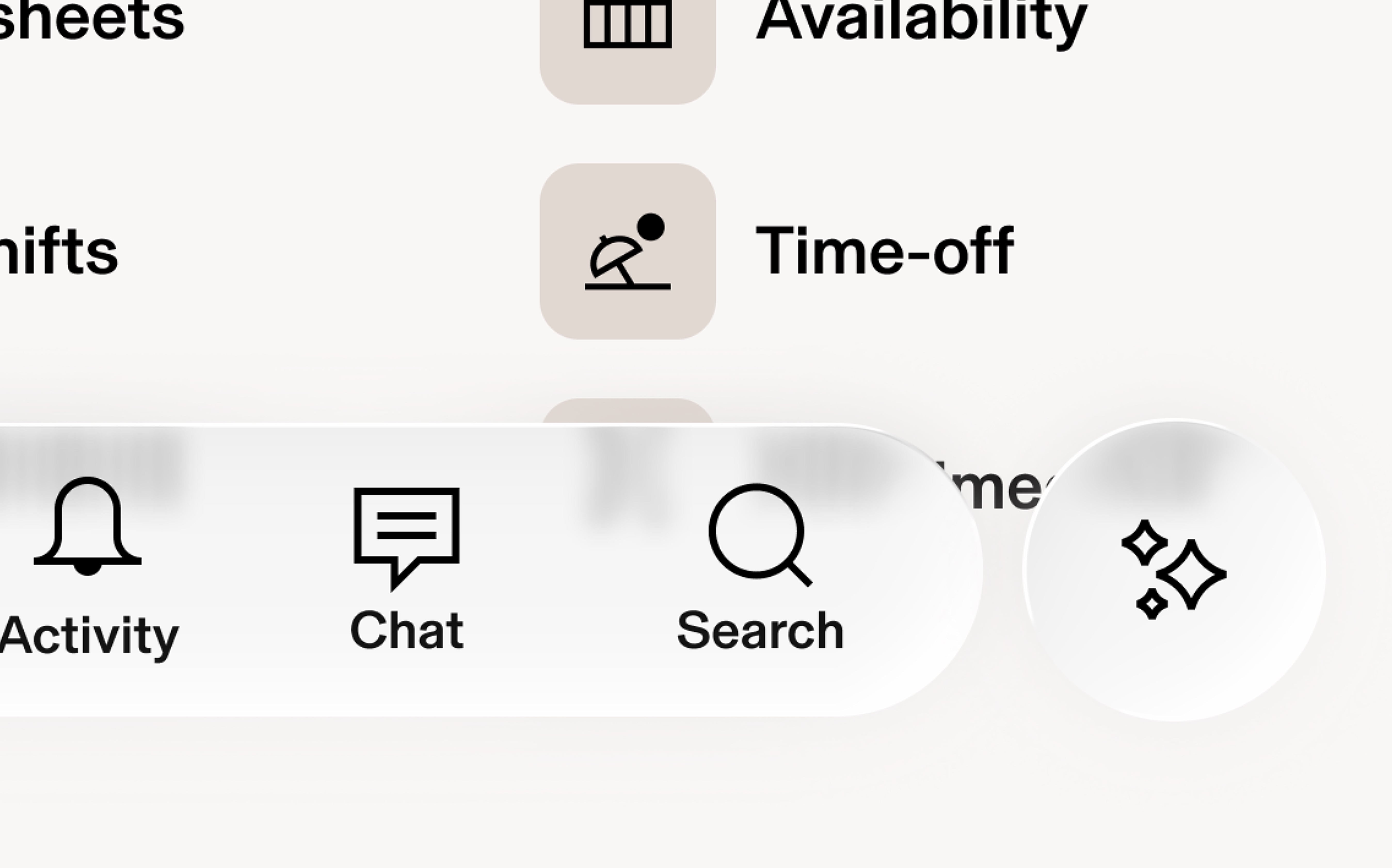 Rippling mobile — floating tab bar with Activity, Chat, Search; detached AI sparkle control beside Availability and Time-off actions